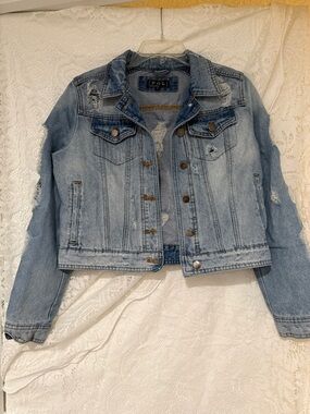 POL Light Blue Distressed Denim Jacket - Women's